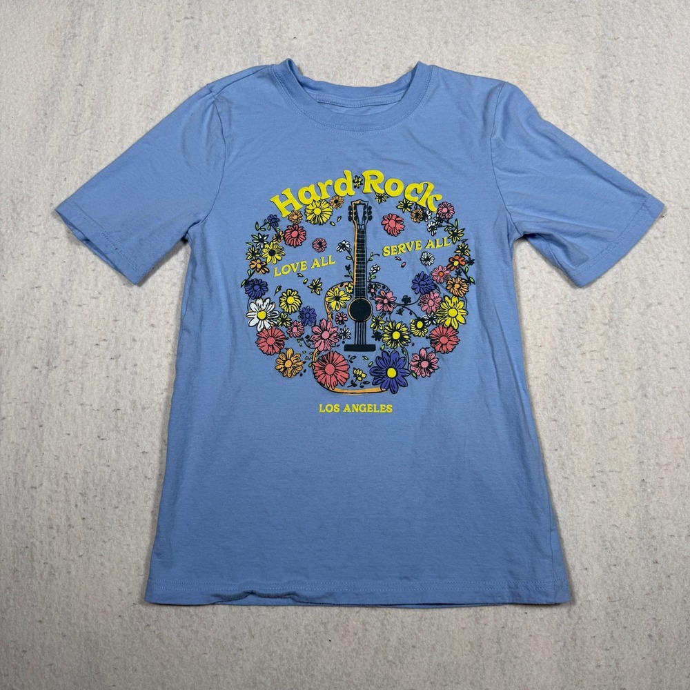 Hard Rock Cafe Los Angeles Floral Guitar Graphic T-Shirt Blue Medium